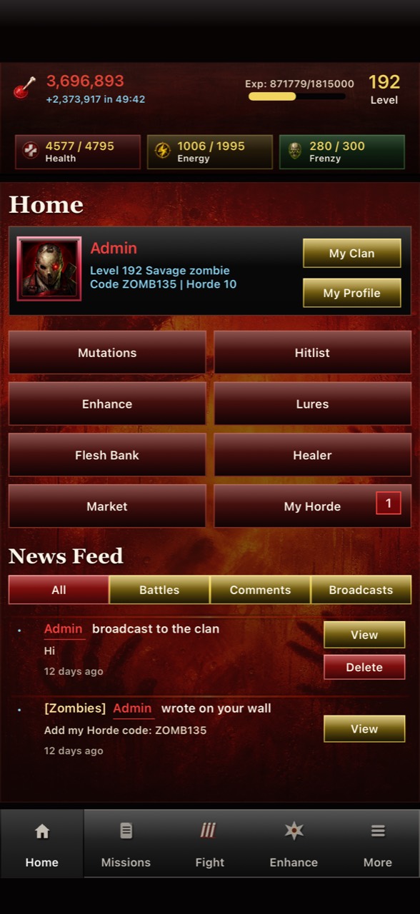 Undead Forever home screen with progression, clan, and player news
